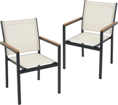 Produktbild von ML-Design Gartenstühle 2er Set mit Armlehnen in Holzoptik, Beige, Gartenstuhl aus Textilene, Terrassenstühle mit Aluminiumgestell, Balkonstuhl wetterfest/stapelbar, Sessel für Garten Balkon & Terrasse