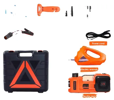 Image de Cric hydraulique électrique, capacité de 5 tonnes, avec gonfleur de pneus intégré et éclairage LED, de couleur orange