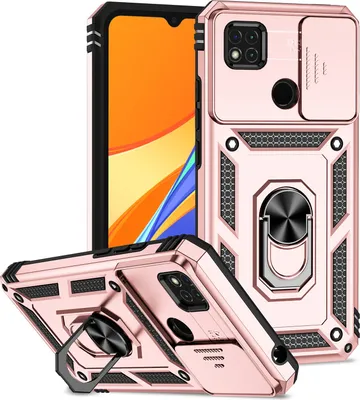 Image de Etui pour Xiaomi Redmi 10A / 9C étui double couche avec protection coulissante de l'appareil photo et anneau de support Rose