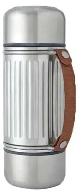 A silver thermos bottle with a brown leather handle is shown against a white background.