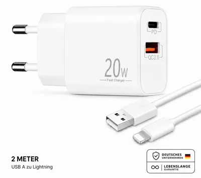 Obrázek produktu pro Rychlonabíječka se dvěma porty USB-C + USB-A, dvouportová nabíječka, rychlé nabíjení pro iPhone, iPad, Samsung, Google Pixel, tablet a další – USB Lightning 2 metry