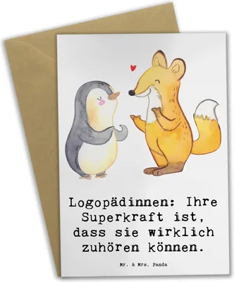Produktbild von Mr. & Mrs. Panda Grußkarte Logopädin Superkraft - Weiß - Geschenk, Beruf, Lebensqualität, Berufsgestaltung, Sprechen, osterkarte, Grußkarten, Klappkarte, Berufspassion