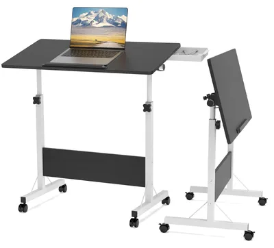 Produktbild von Beistelltisch mit Rollen - Laptop Tisch - Höhenverstellbar - Sofa- und Nachttisch - Rechteckige Tischplatte - Metallgestell - Schwarz