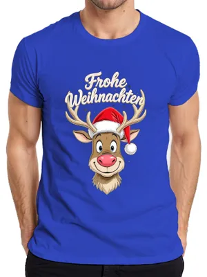 Zdjęcie produktu dla Merry Christmas Reindeer Cute Cartoon Christmas Hat Śmieszna koszulka męska, Niebieski, XL
