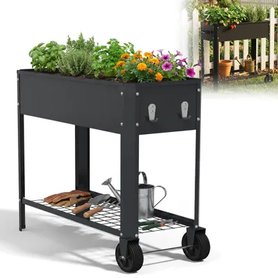 Image de Jardinière surélevée XMTECH en métal 80 x 35 x 80 cm avec roulettes – bac à plantes en acier galvanisé pour jardin ou balcon, potager avec étagère, noir