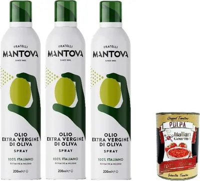 Produktbild von 3x Fratelli Mantova Extra Natives Olivenöl Spray,100% Italienisches Sprühöl 200ml + Italian Gourmet Polpa di Pomodoro 400g Dose