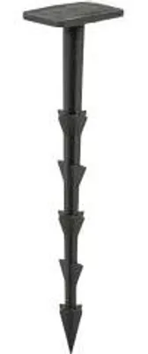 A black landscape fabric stake with a flat top and a pointed end with multiple barbs.