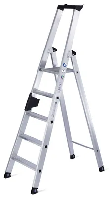 A silver, one-sided stepladder with five steps is shown against a white background.