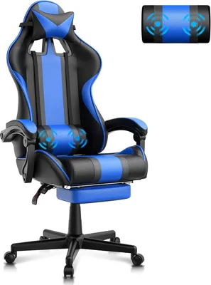 Produktbild von Gaming Stuhl mit Fußstütze Ergonomischer Gaming Sessel Chair mit Kopfstütze Bürostuhl PC Stuhl Gamer Racing mit Lendenkissen Computerstuhl Leder Blau