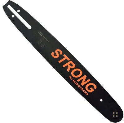A black chainsaw guide bar with orange text.