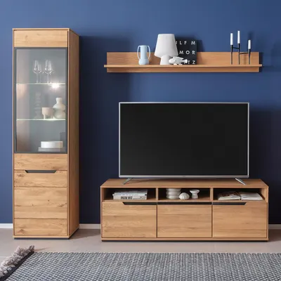 Produktbild von Wohnwand in Eiche teilmassiv mit Vitrine, Lowboard & LED-Beleuchtung, 3-teilig - AVESTA-06