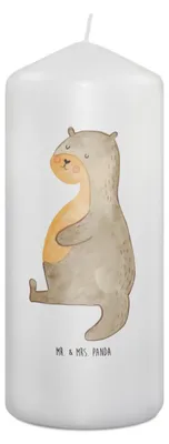 Produktbild von Mr. & Mrs. Panda Kerze Otter Bauch 19 x 8 cm - Weiß - Geschenk, Stumpenkerze, Satt, Bedruckte, Wachskerze, Erinnerungslicht, Blockkerze, voll Gefuttert, dick, Sportmuffel