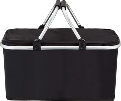 A black picnic basket with silver handles is shown against a white background.