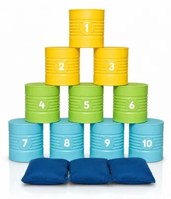 Produktbild von Dosenwerfen-Spiel für Kinder und Erwachsene - 10 bunte Kunststoffdosen mit 3 Wurfsäckchen - Wurfspiel für drinnen und draußen - ab 3 Jahren