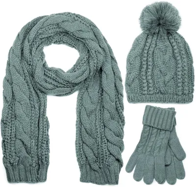 Productafbeelding van styleBREAKER Sjaal, muts en handschoenen set, gebreide sjaal met kabelpatroon, inclusief muts met pompon en handschoenen, damesmodel 01018208