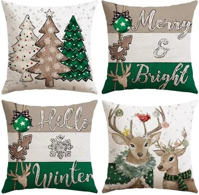 Imagen del producto de Juego de 4 fundas de cojín navideñas Unyqoos®: fundas decorativas de invierno hechas de una mezcla de poliéster y lino, con cremallera oculta, disponibles en varios colores y tamaños