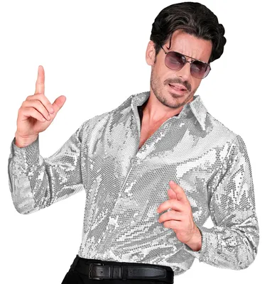 Zdjęcie produktu dla Koszula z cekinami dla mężczyzn, srebrna, rozmiar L-XL