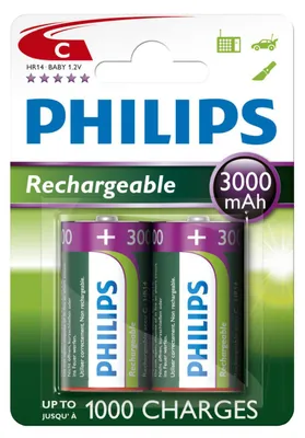 Produktbild von Philips Rechargeables Akku R14B2A300/10, Wiederaufladbarer Akku, C, Nickel-Metallhydrid (NiMH), 1,2 V, 3000 mAh, Cd (cadmium), Hg (Quecksilber)