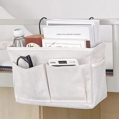 Produktbild von Bett-Organizer Studentenwohnheim - Hängende Aufbewahrungstasche am Bett - Mehrere Fächer - Rechteckige Stofftasche - Wiederverwendbar - Weiß