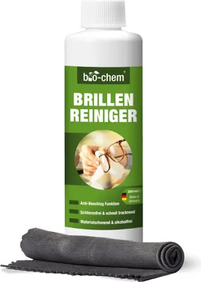 Produktbild von bio-chem Brillenreiniger mit ANTI-BESCHLAG-Funktion, Schutz vor beschlagenen Brillen, Anti-Fog, 250 ml Nachfüllflasche + Premium-Mikrofasertuch/Brillenputztuch