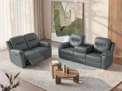 Produktbild von 3-Sitzer und 2-Sitzer Sofa mit Relaxfunktion EVASION in Leder - grau - mit Stehtisch