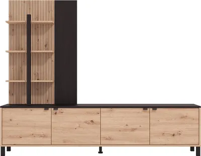 Produktbild von RTV Wand mit 4 Schränken und 3 Regalen - Natur und Schwarz - NUJA