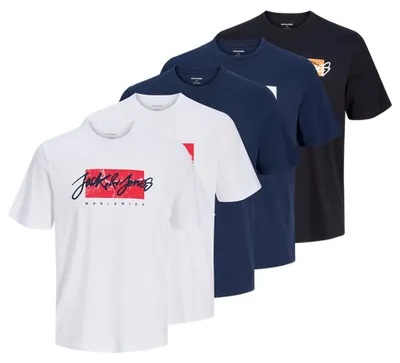 Image de T-shirts pour homme JACK&JONES, lot de 5 - JJTILEY JJNOLAN, col rond, coton blanc/bleu foncé/noir, taille M
