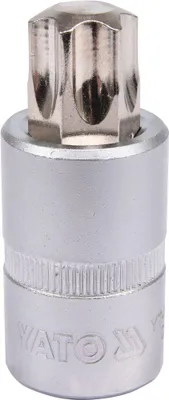 A close-up studio shot of a silver Torx bit socket.
