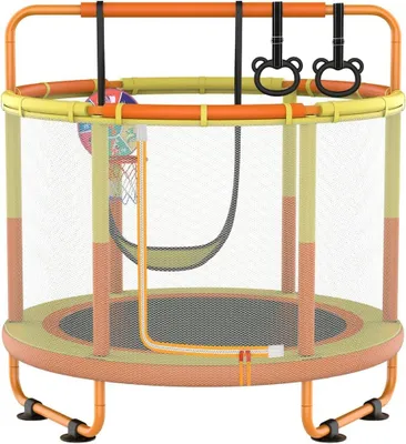 Produktbild von Kindertrampolin mit Sicherheitsnetz, Schaukel und Basketballkorb, in Gelb-Orange – Trampolin – für Innen- und Außenbereich