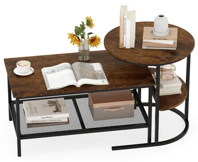 Produktbild von COSTWAY 2er Set Couchtisch, Beistelltisch mit Metallrahmen & Ablage, Kaffeetisch Wohnzimmertisch Sofatisch für Wohnzimmer, Schlafzimmer, Braun