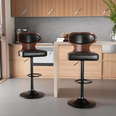 Image de Tabouret de bar (lot de 2) Chaise de bar Tabouret de bistrot 360° Chaise pivotante Chaise de cuisine Dossier Repose-pieds Acier Noir Noyer