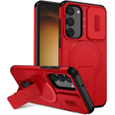 Immagine prodotto di Custodia magnetica per Samsung Galaxy S23+, custodia resistente a due strati con protezione della fotocamera scorrevole e supporto regolabile Rosso