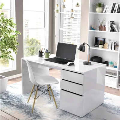 Produktbild von Schreibtisch Dgabbi, Mehrzweckschreibtisch für Büro oder Schlafzimmer, linearer Arbeitstisch mit 2 Schubladen und 1 Tür, 139 x 60 x 75 cm, Weiß