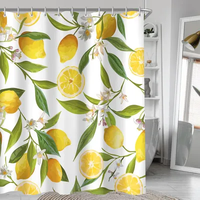 Produktbild von Duschvorhang 150x200cm mit Zitronenblattmuster, beschwertem Saum, schimmelresistent, wasserabweisend, waschbar, Polyester, mit 8 Ösen und Duschvorhangringen für Badezimmer und Badewanne.