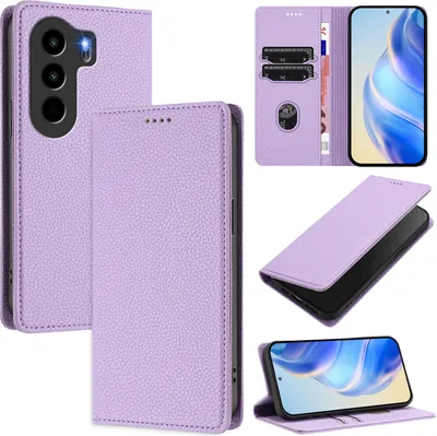 Produktbild von Litchi Leder Handyhülle für itel Power 70 Wallet Kartenfächer Standfunktion Hülle Violett
