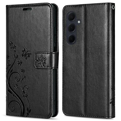 A black flip case for a smartphone is shown from the front and back.