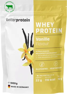 Produktbild von Whey Protein - Vanille 1 kg - Produziert in Deutschland aus regionaler Milch - BetterProtein® - Eiweißpulver zum Muskelaufbau und Abnehmen