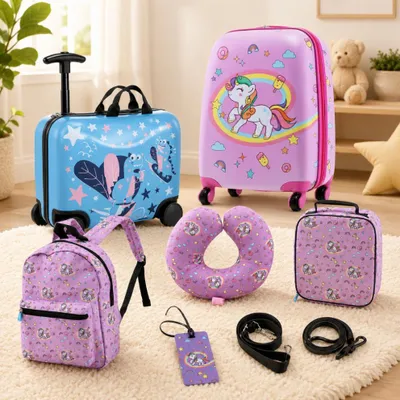 Immagine prodotto di Set da viaggio avventuroso per bambini (2 pezzi) – Zaino a forma di dinosauro e set da viaggio rosa da 5 pezzi