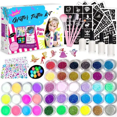 Produktbild von Glitzer Tattoo Set Kinder | 42 Farben Glitzer, 12 Fluoreszierend, 219 Schablonen