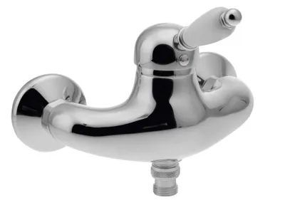 A close-up studio shot of a chrome shower faucet with a white handle, isolated on a white background.