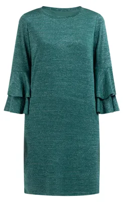 Produktbild von Damenkleid grün, fein gestrickt, locker geschnitten, mit Metallicfäden und Volants, Größe L