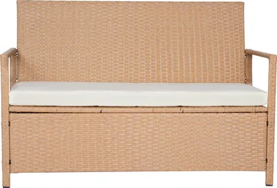 Produktbild von SucceBuy Gartenbank mit Stauraum, 2-Personen-PE-Rattan-Sitztruhe, Truhenbank mit Kissen, Sitzbank bis zu 120 kg, Gartensitzgelegenheit und Veranda-Dekoration für Terrasse, Garten, Balkon, 121x59x81,5 cm