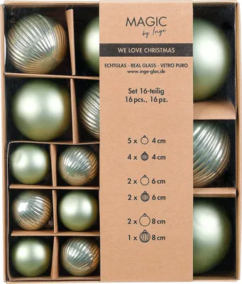 Produktbild von Weihnachtskugeln Glas 4-8cm Mix gerillt 16er Set - Mild Sage