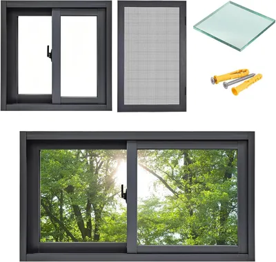Produktbild von Horizontales Schiebefenster aus gehärtetem Glas, 55,9–101,6 cm, Größe F, mit Halterung für Häuser, Dunkelgrau, B x H 23 x 16/58 x 41 cm, für Garagen und weitere Bereiche