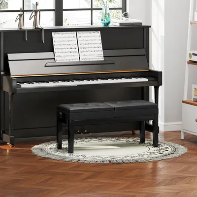 Zdjęcie produktu dla Podwójna ławka do pianina, regulowana na wysokości, z miejscem do przechowywania, wymiary 105x37x48-58 cm, obita sztuczną skórą, kolor czarny