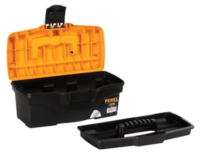Produktbild von Perel Werkzeugkoffer 7,1 Liter, kompakter Werkzeugkoffer mit herausnehmbarer Einlage, Kunststoffverschluss, klappbarer Griff, schwarz orange 32 x 16,5