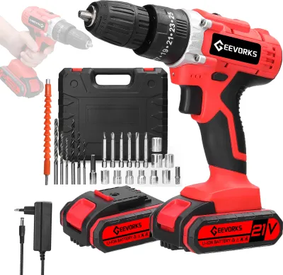 Obrázok produktu pre 21V akumulátorová sada skrutkovačov s 24 kusmi príslušenstva, príklepové vrtáky s 2 batériami, 25 krútiacimi momentmi, 3 pracovnými režimami, 2 regulátormi otáčok