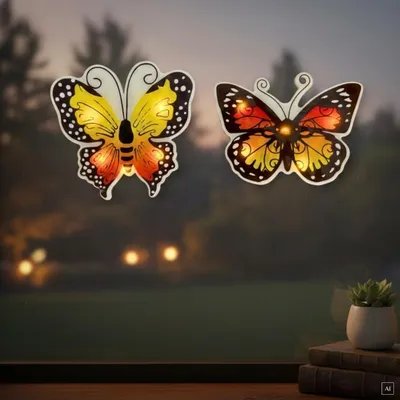 Produktbild von abc HOME LED Fensterbild Schmetterling 2er Set – Selbsthaftend & Wiederverwendbar – Warmweiße Beleuchtung mit Timer – Beidseitiges Motiv – Inkl. Batte