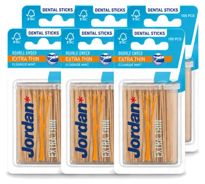 Produktbild von 6 x Jordan Dental Sticks Extra Dün - Interdentalsticks mit Fluorid und Minzgeschmack - Vorteilspackung - 6 Stücke