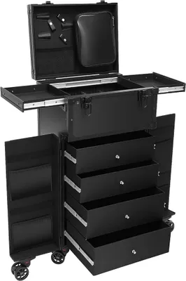 Produktbild von 5-in-1 Kosmetikkoffer mit 6 Rollen, Alu ABS Professionelle Kosmetikkoffer | Tragkraft 30 kg Kosmetik Trolley Schminkkoffer, Schwarz Kosmetikaufbewahrungskoffer für Reisen